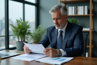 Homme d'affaires en costume navy analysant des documents