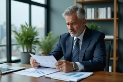 Homme d'affaires en costume navy analysant des documents