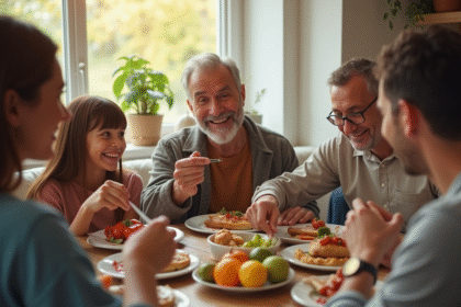 Famille multigenerations diverse partageant un repas ensoleille dans le salon