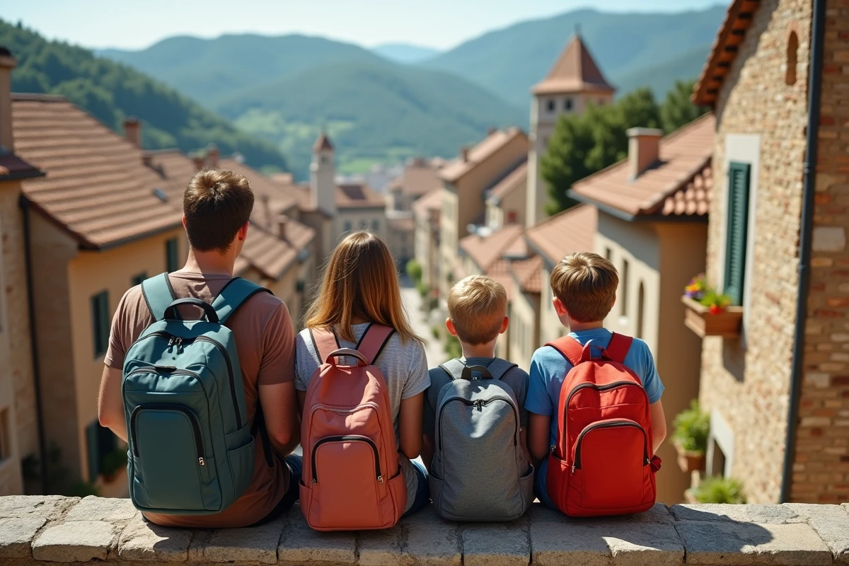Famille de quatre sur un mur en regardant la ville médiévale