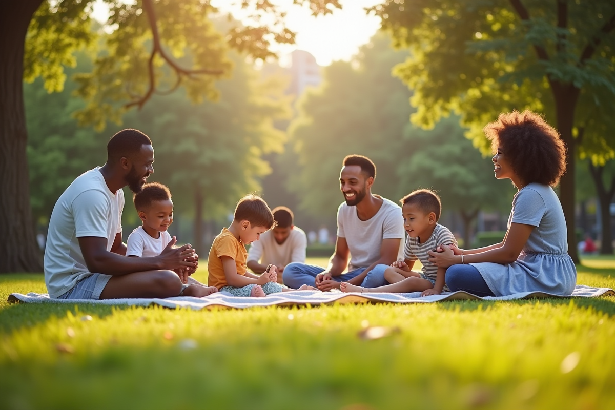 Plusieurs familles de cultures différentes profitant d une journée au parc