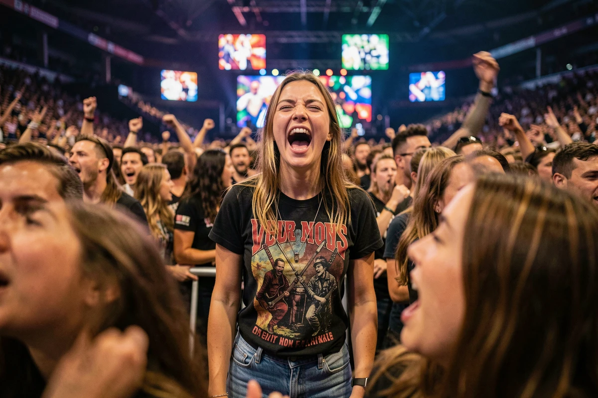 Jeune femme en immersion totale dans la fosse d'un concert rock à Bercy, entourée de la foule avec la scène en arrière-plan