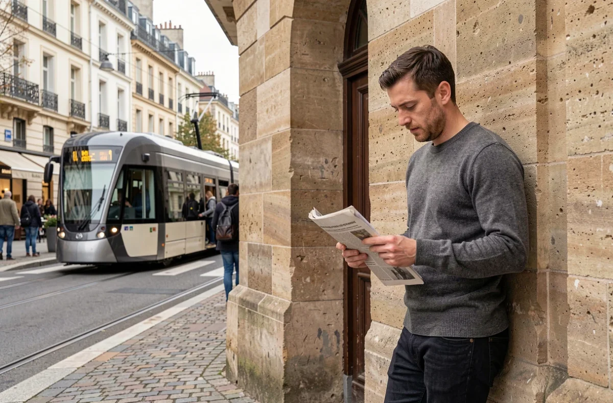Homme lisant un journal sous une arche en pierre à la frontière d'un faubourg et d'un boulevard urbain avec tramway