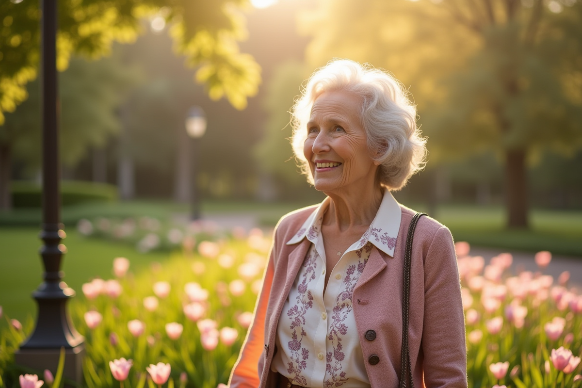 Femme âgée souriante dans un parc en fleurs ensoleillé