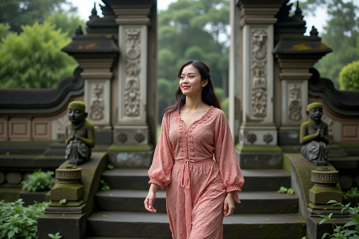 Femme balinaise en kebaya montant les escaliers du palais d Ubud