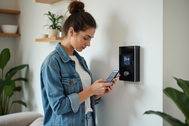 Femme examine une batterie d'énergie moderne dans un salon lumineux