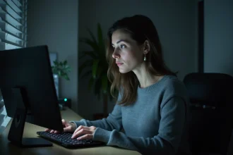 Femme seule face à son ordinateur dans un bureau minimaliste, reflet inquiet sur l'écran, illustrant l'anxiété numérique contemporaine