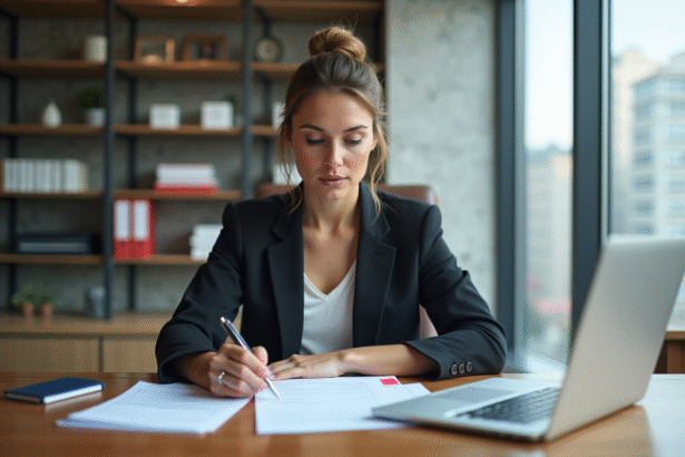 Femme en tenue professionnelle dans un bureau moderne