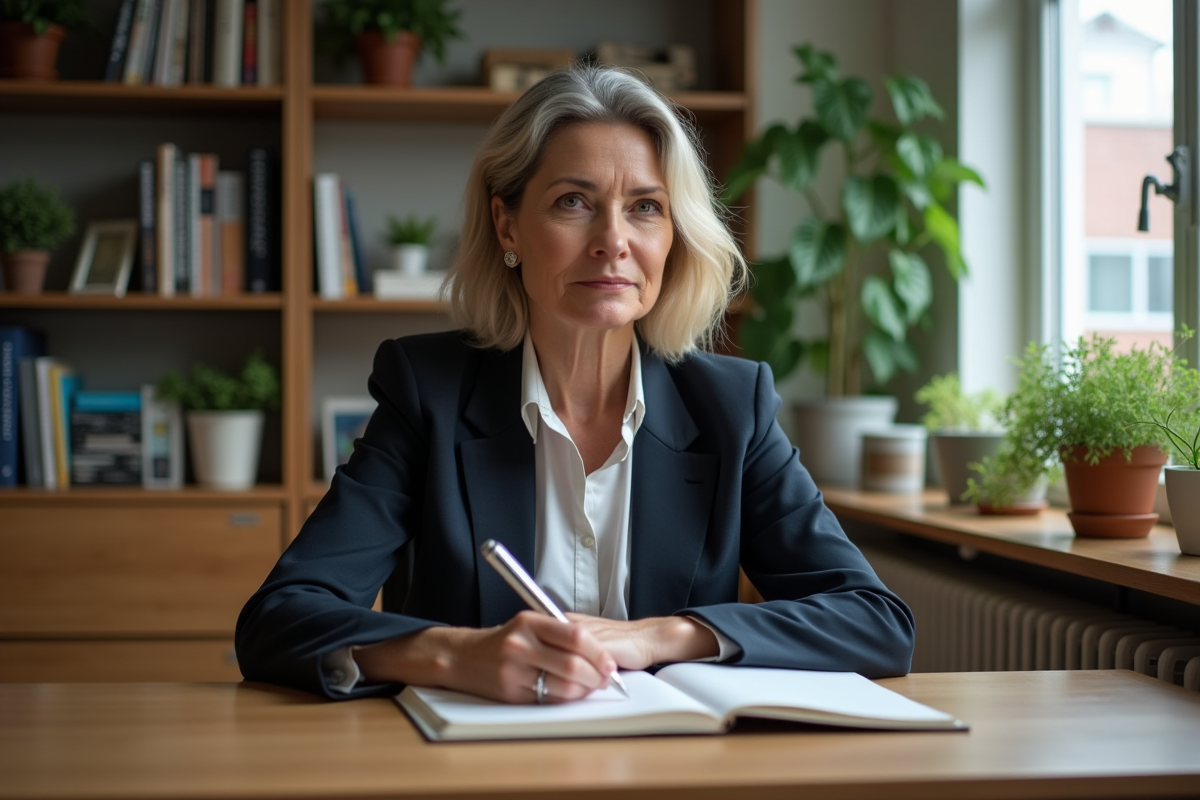 Femme d'affaires réfléchissant dans un bureau cosy
