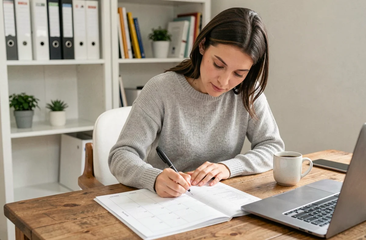 Femme organisant un calendrier hebdomadaire imprimé sur un bureau en bois dans un bureau à domicile