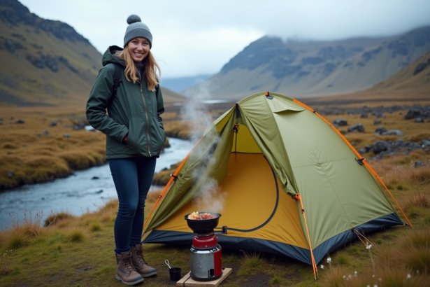 Jeune femme en plein air cuisine près de sa tente en Islande