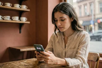 Femme célibataire regardant son téléphone affichant 15h15 dans un café chaleureux, expression pensive et pleine d'espoir