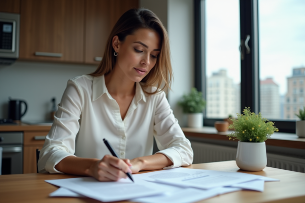 Femme en train de comparer des documents de pret immobilier