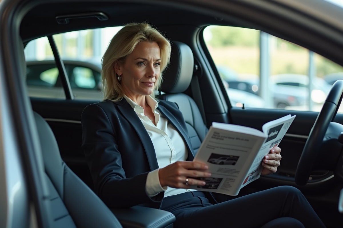 Femme d affaires examinant une brochure dans une voiture