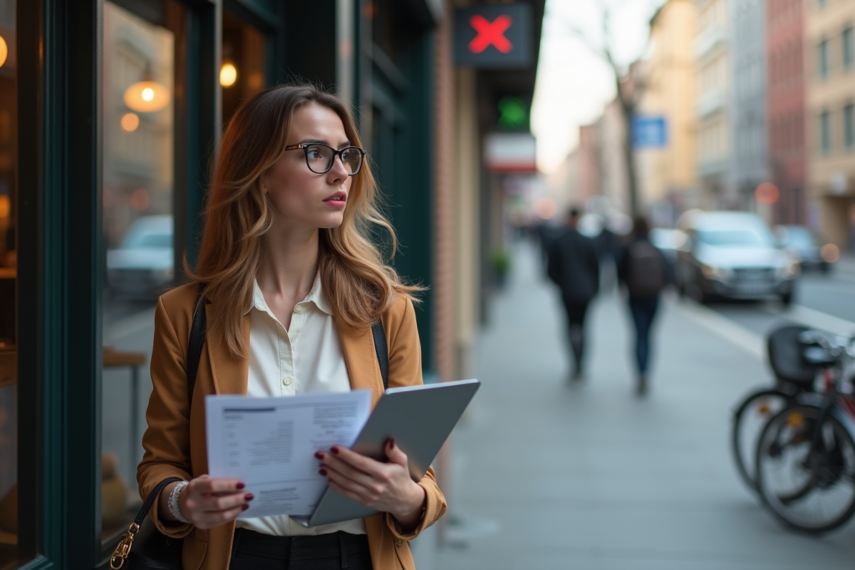 Jeune femme regardant son relevé de crédit en ville