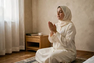 Femme en prière sur un tapis de prière dans une chambre paisible, mains levées en invocation, atmosphère recueillie et spirituelle