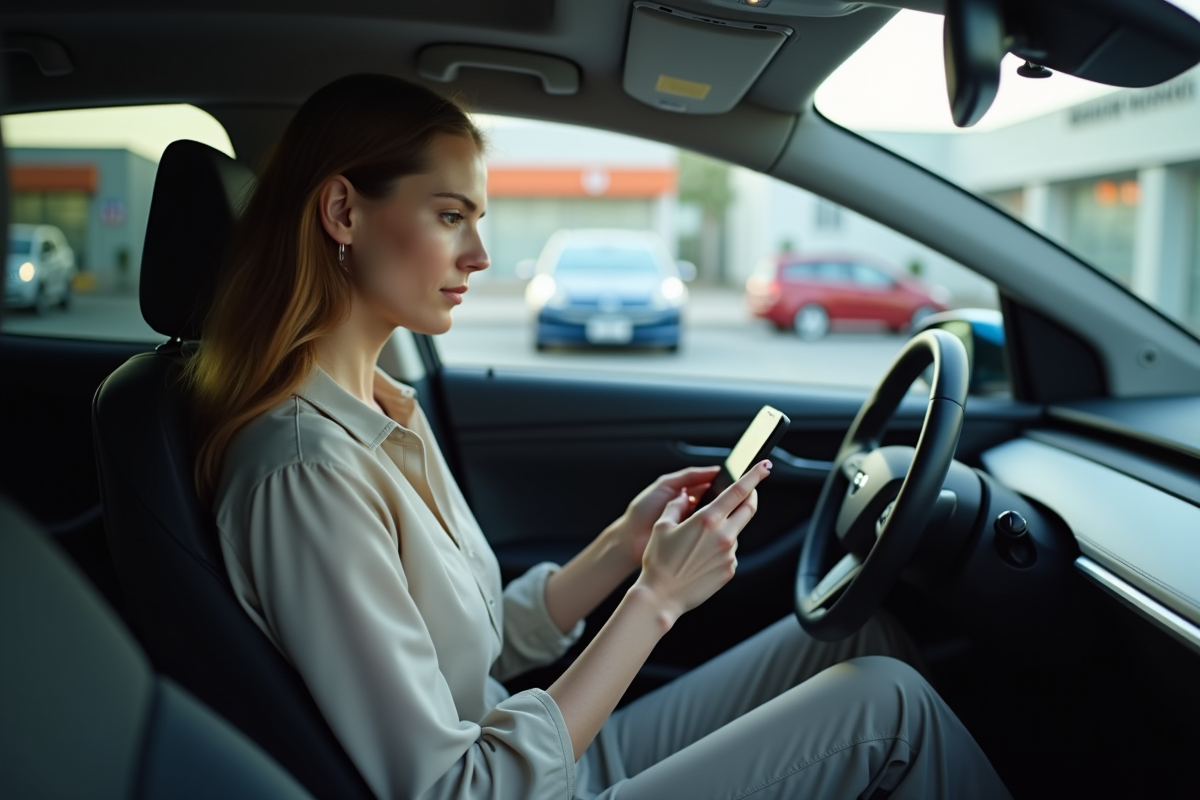 Jeune femme dans une voiture électrique regardant son téléphone