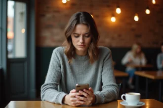 Femme hésitante regardant son smartphone dans un café, illustrant la peur de s'exprimer librement face à la cancel culture