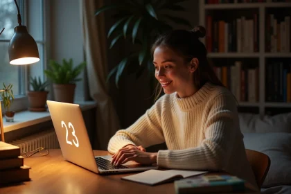 Jeune femme contemplant l'heure 23h23 sur son écran d'ordinateur, signe de la flamme jumelle