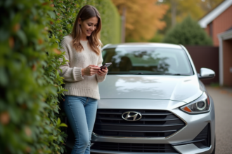 Femme souriante vérifiant son téléphone près d'une voiture hybride