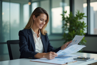 Femme professionnelle en blazer examine des rapports financiers
