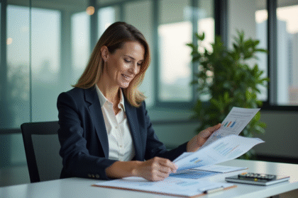 Femme professionnelle en blazer examine des rapports financiers
