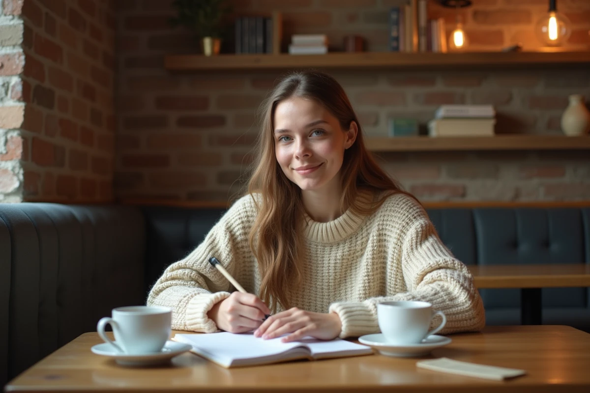 Jeune femme écrivant dans un journal avec des nombres symboliques liés à la signification des flammes jumelles 22 et 20