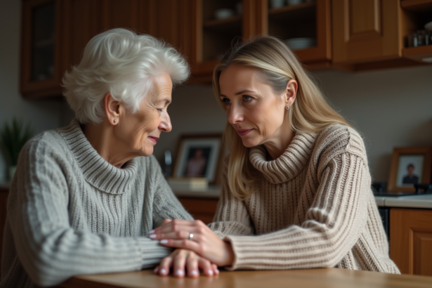 Femme d'âge moyen avec sa mère dans une ambiance chaleureuse