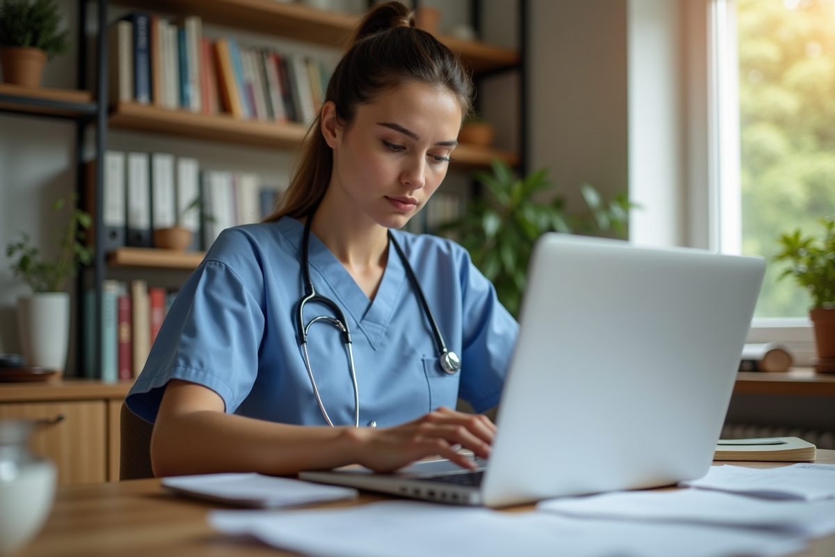 Femme medecin en scrubs examine des documents à la maison