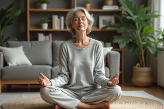 Femme méditant assise sur un tapis dans un salon calme