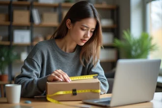 Femme mesurant un colis carton avec un mètre ruban jaune sur un bureau en bois pour vérifier les dimensions Mondial Relay