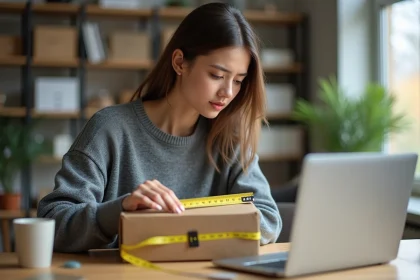Femme mesurant un colis carton avec un mètre ruban jaune sur un bureau en bois pour vérifier les dimensions Mondial Relay