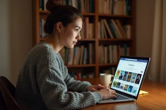 Jeune femme naviguant sur un site de livres en ligne depuis un bureau en bois dans un bureau à domicile cosy