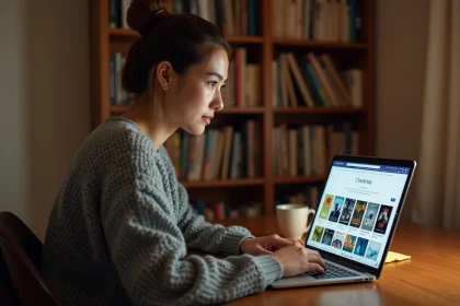 Jeune femme naviguant sur un site de livres en ligne depuis un bureau en bois dans un bureau à domicile cosy