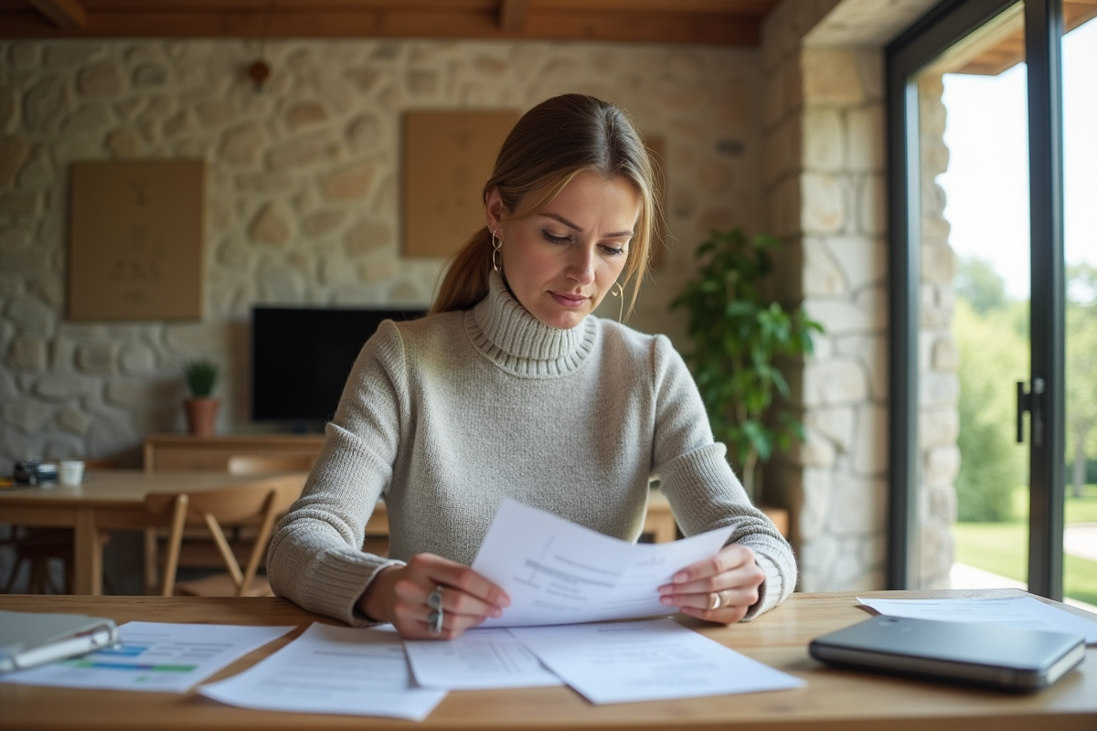 Femme d'âge moyen triant des papiers dans une maison de vacances