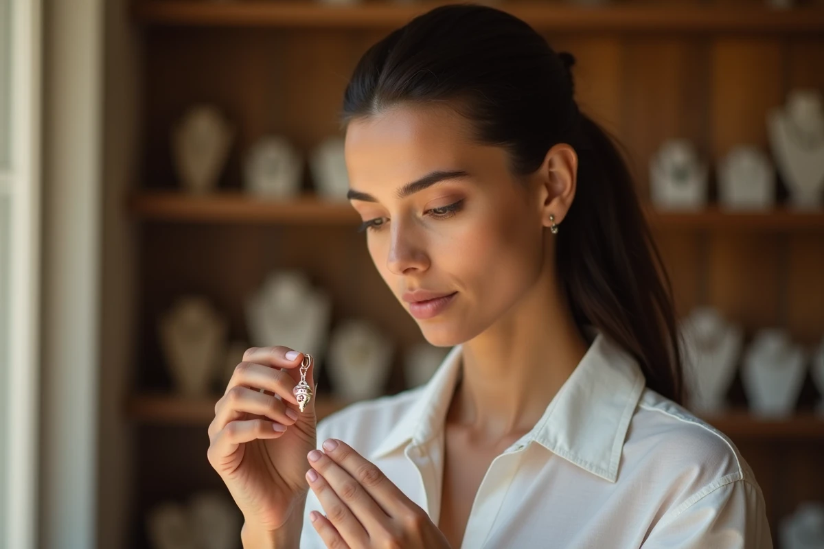 Jeune femme tenant un pendentif œil égyptien dans une bijouterie artisanale, illustration de la fascination moderne pour la signification de l'œil d'Horus