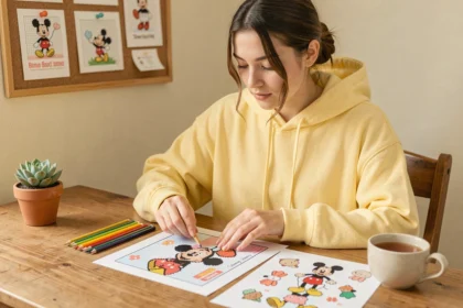 Jeune femme examinant des impressions de pixel art kawaii Disney sur son bureau en bois avec des crayons de couleur