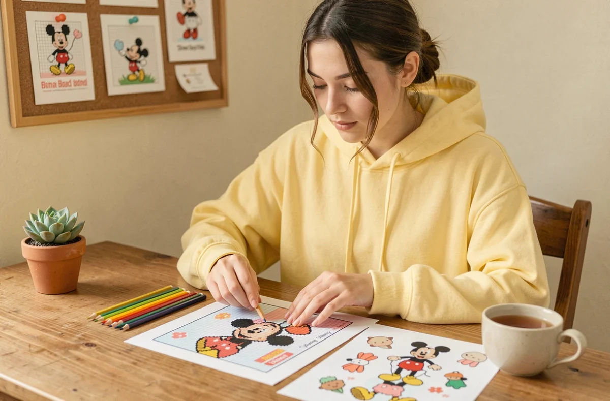 Jeune femme examinant des impressions de pixel art kawaii Disney sur son bureau en bois avec des crayons de couleur