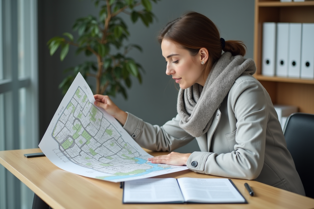 Jeune femme étudiant une carte de zonage dans un bureau moderne