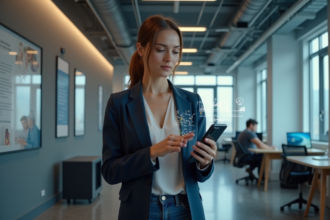 Jeune femme utilisant la réalité augmentee au bureau