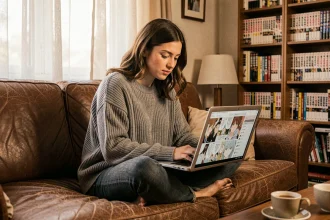 Jeune femme cherchant ses séries manga préférées sur son ordinateur portable depuis son canapé