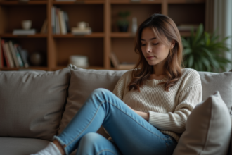 Femme en intérieur contemplant pensivement son salon