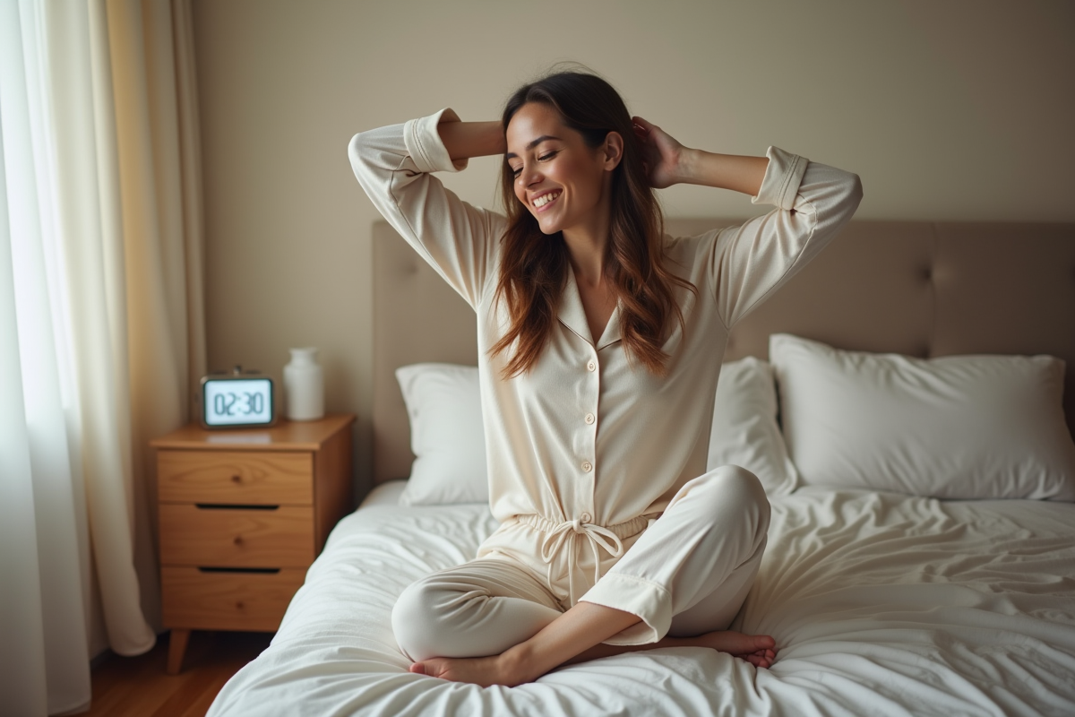 Femme qui s'étire dans une chambre paisible au matin