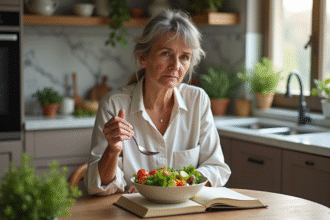 Femme méditative avec salade et livre de nutrition