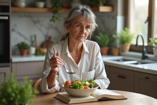 Femme méditative avec salade et livre de nutrition