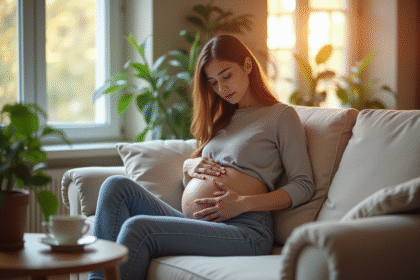 Jeune femme assise sur un sofa avec douleur digestive