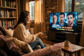 Jeune femme regardant une série espagnole sur Netflix depuis son canapé dans un salon cosy