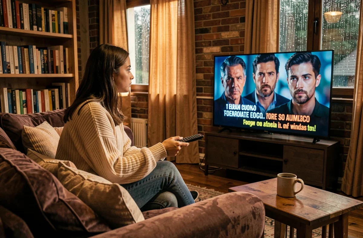 Jeune femme regardant une série espagnole sur Netflix depuis son canapé dans un salon cosy