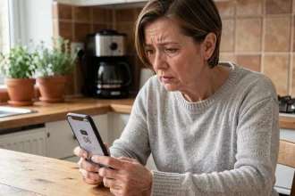 Femme d'âge moyen consultant un annuaire inversé sur son smartphone pour identifier un numéro 06 inconnu et éviter une arnaque téléphonique