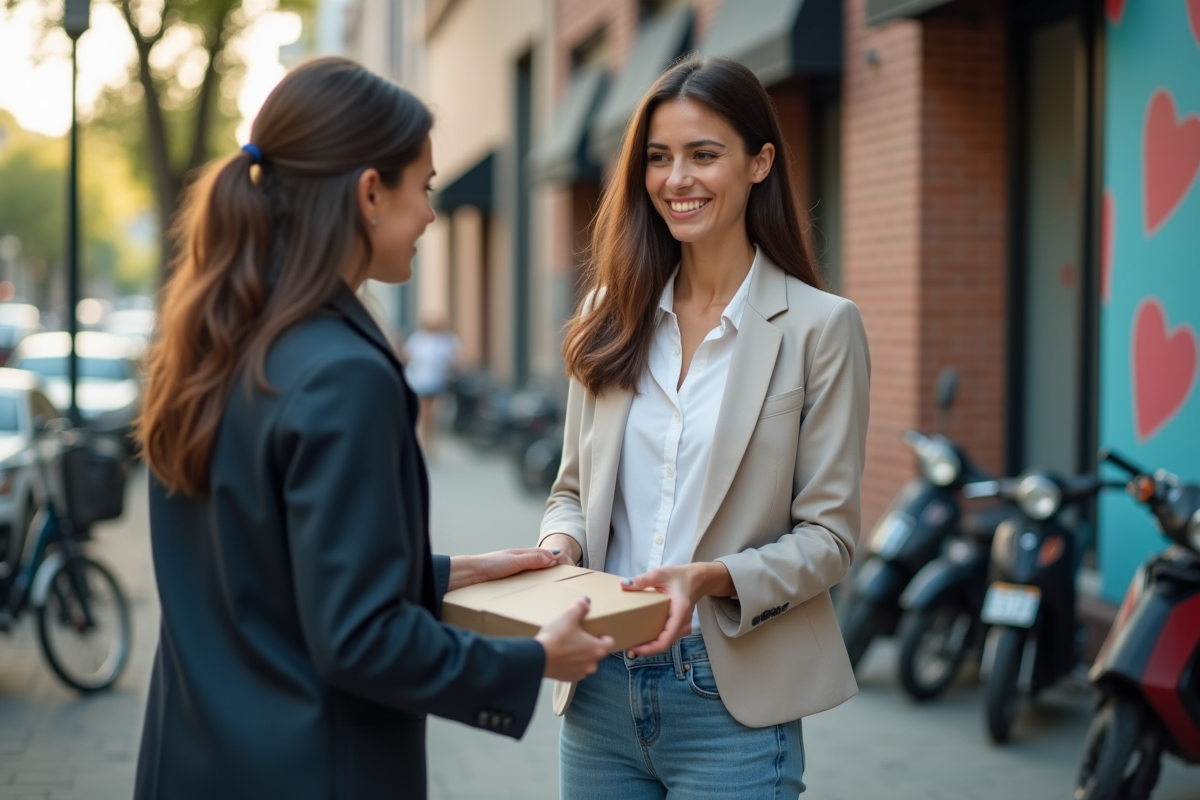 Femme souriante échangeant un colis en ville